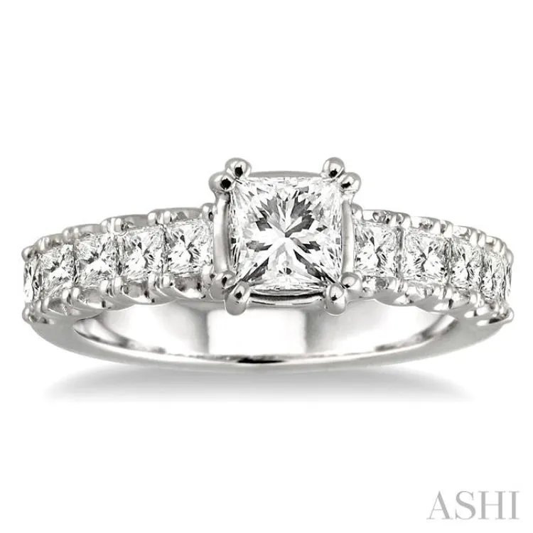 1 3/4 Ctw Diamond Engagement Ring with 3/4 Ct Princess Cut Center Stone in 14K White Gold