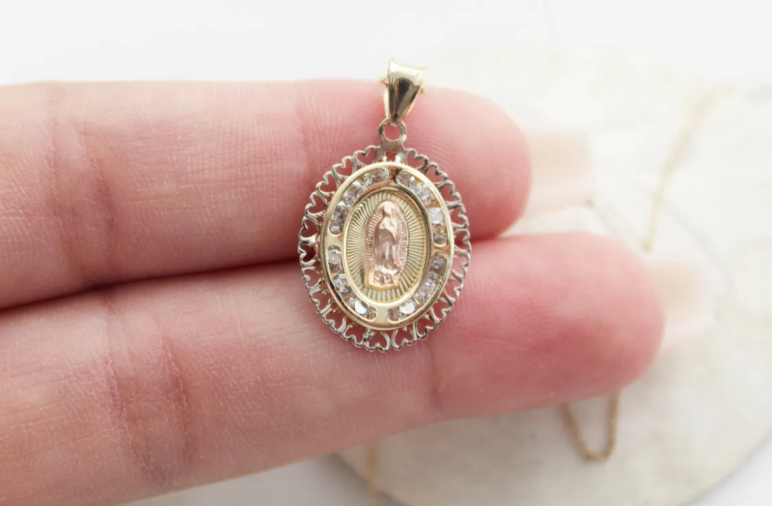 14k Gold Heart frame Our Lady of Guadalupe Necklace