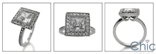 1.5 Princess Cubic Zirconia in Bezel Pave Halo 14K White Gold Engagement Ring