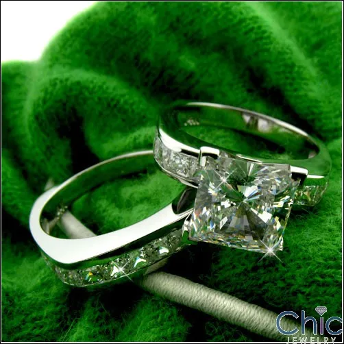 2.5 Carat Princess Cubic Zirconia Center Euro Shank 14K White Gold Cz Matching Ring Set