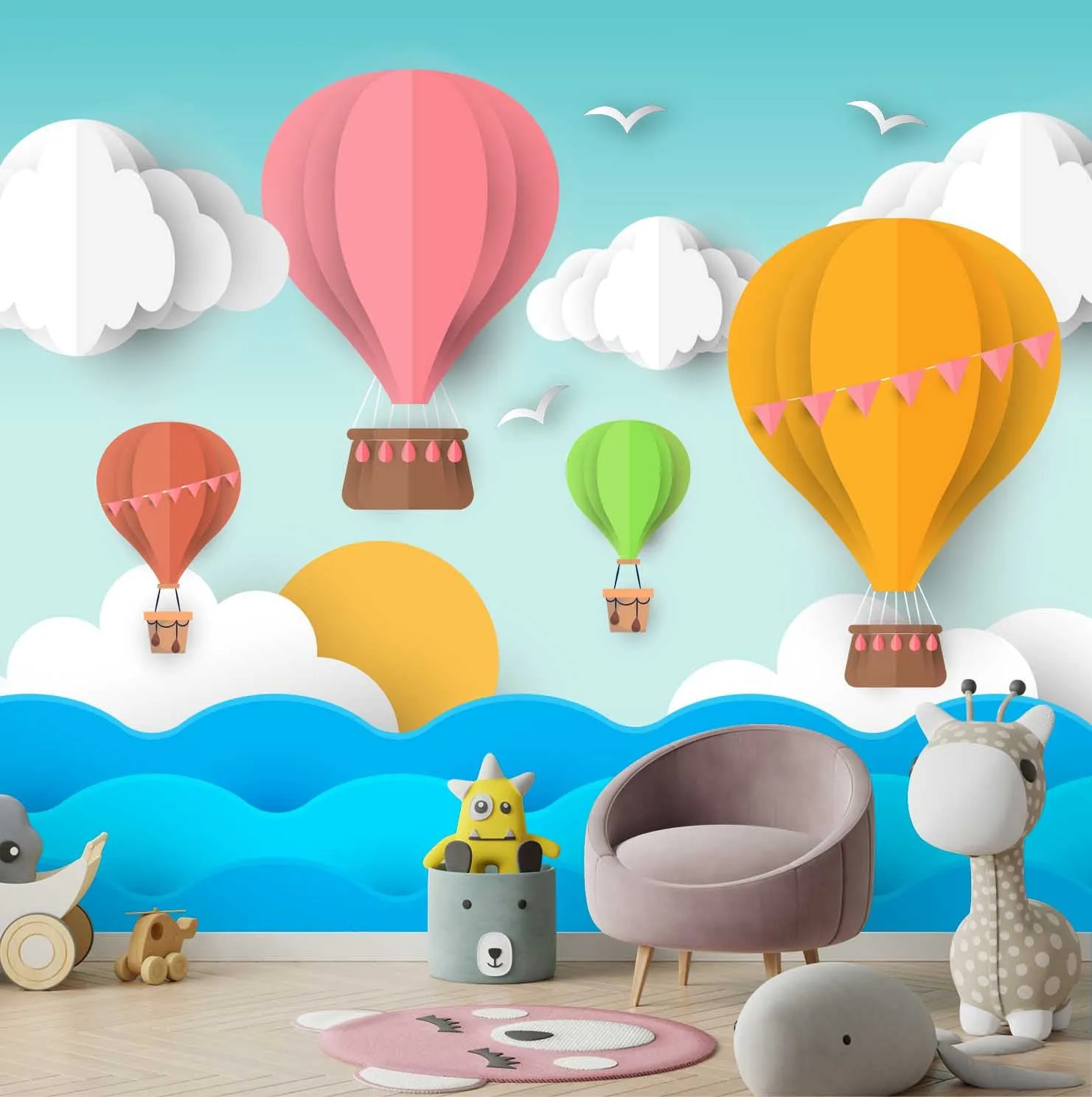 3D Kids Room Wallpaper, Hot Air Balloon Theme , Customised