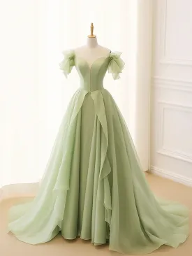 A-Line Princess Green Tulle Long Prom Dress Quinceanera Dress