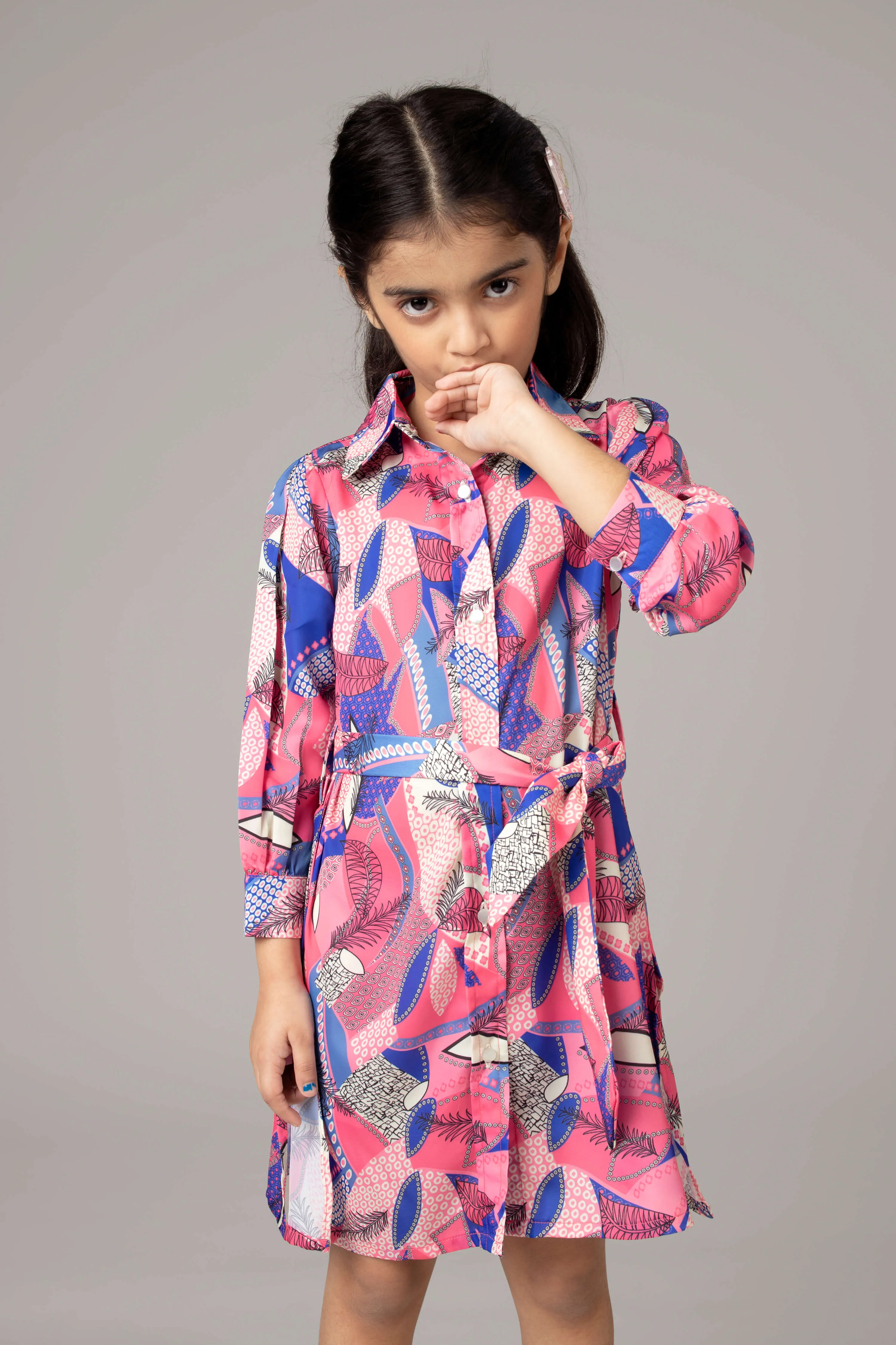 Abstract Tie Belt Shirt Dress For Girls