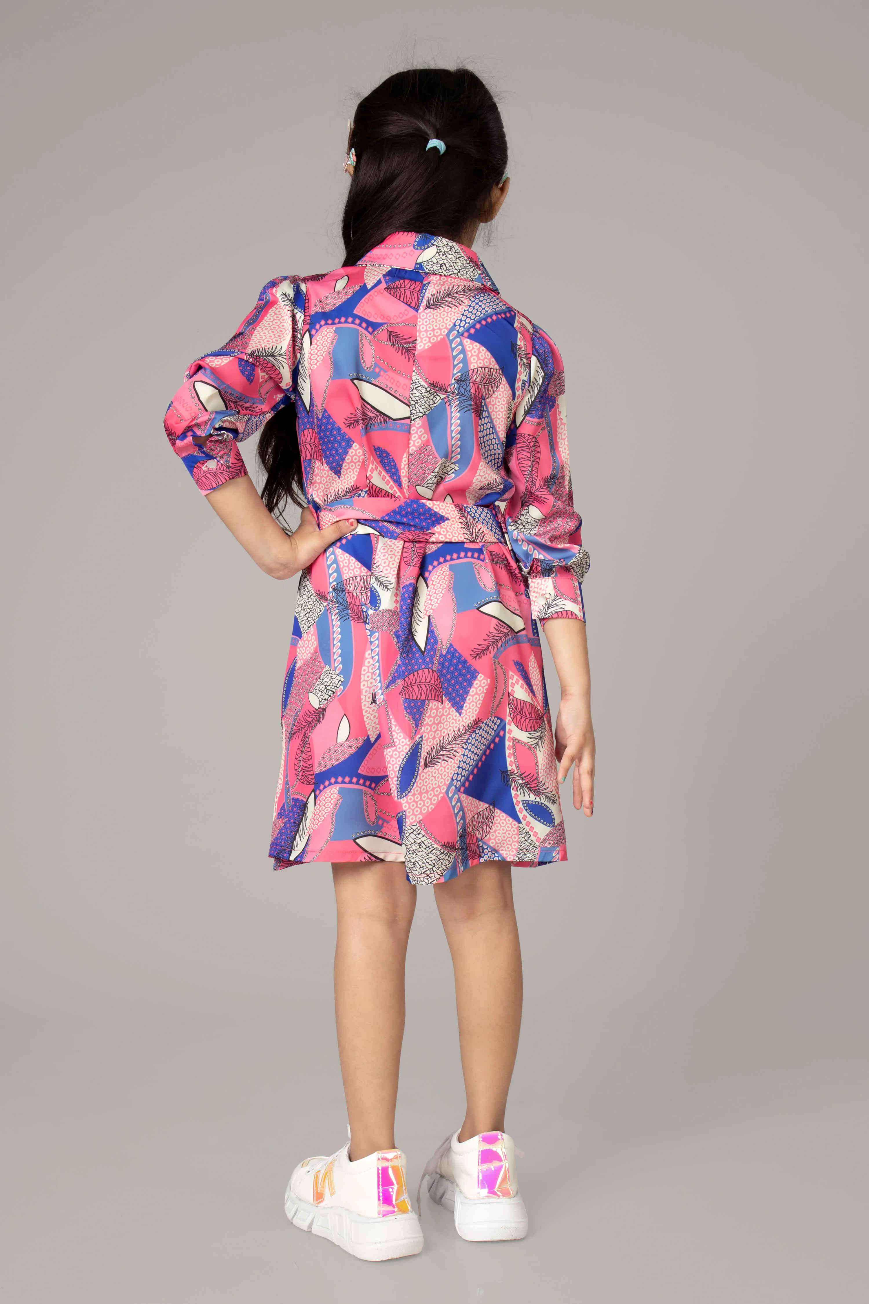 Abstract Tie Belt Shirt Dress For Girls