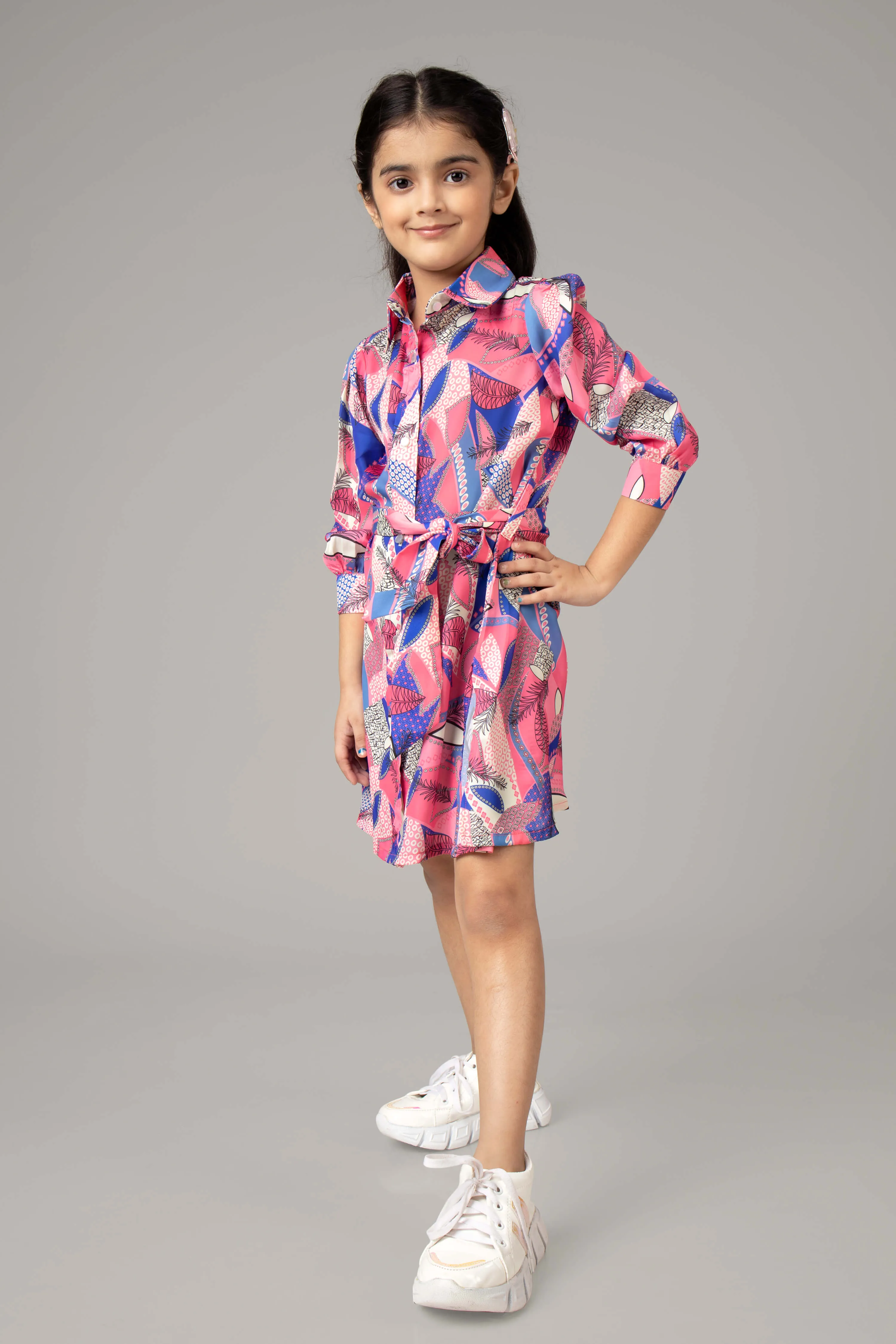 Abstract Tie Belt Shirt Dress For Girls