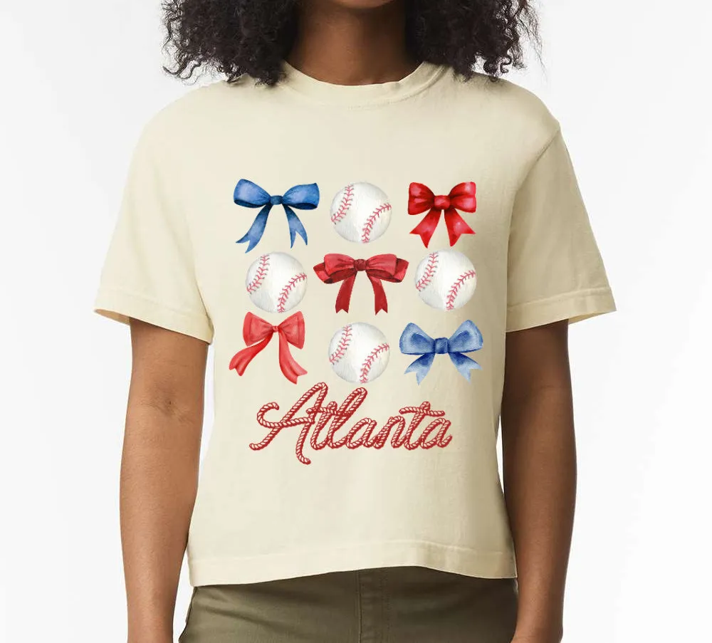 Atlanta Coquette Baseball Bows Tee - Comfort Colors  CROP tee - Adult Sizes