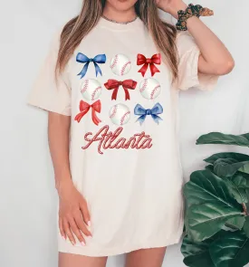 Atlanta Coquette Baseball Bows Tee - Comfort Colors or Bella Canvas/ Toddler Youth and Adult Sizes