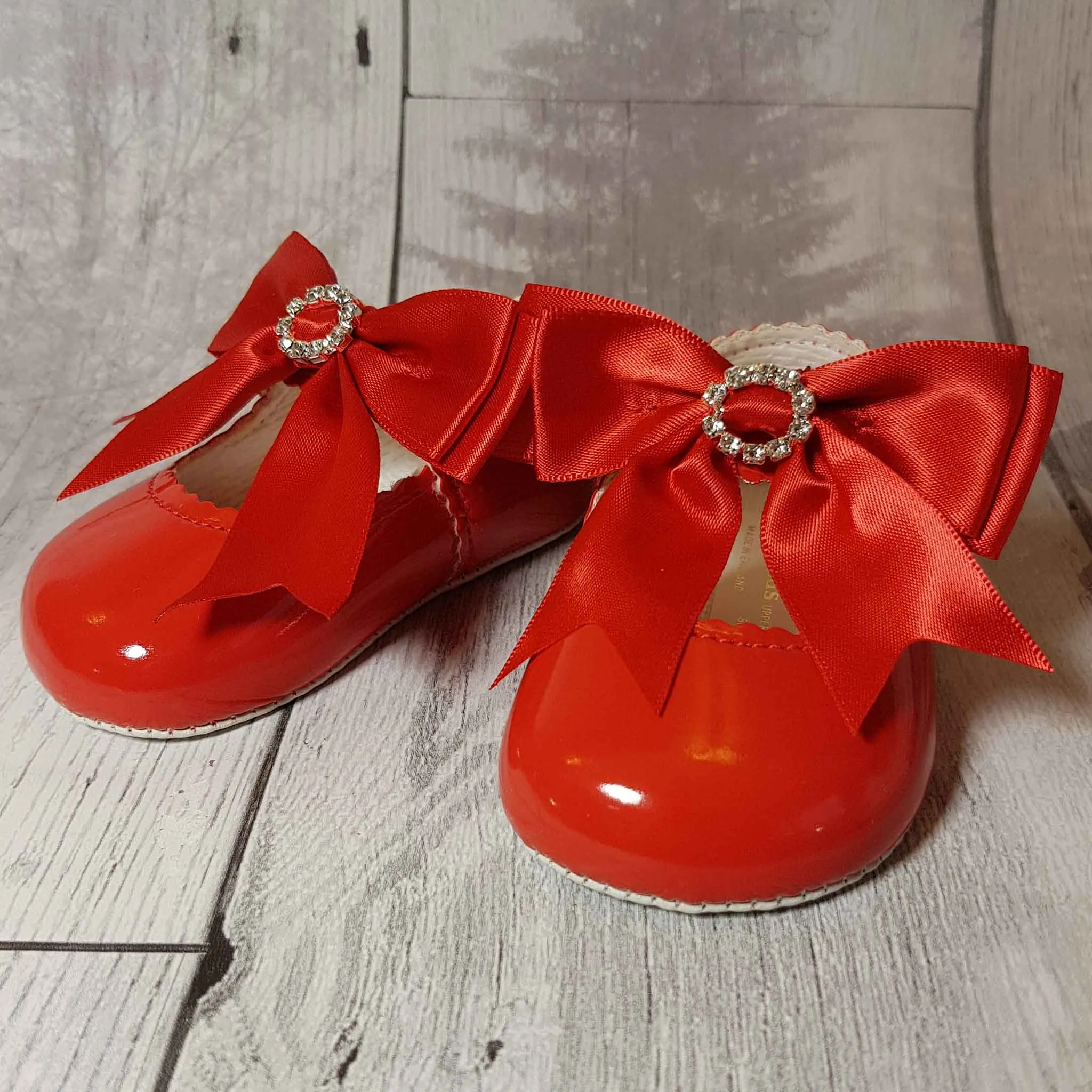 Baby Girl Red Pram Shoes - Large Satin Bow with Diamante