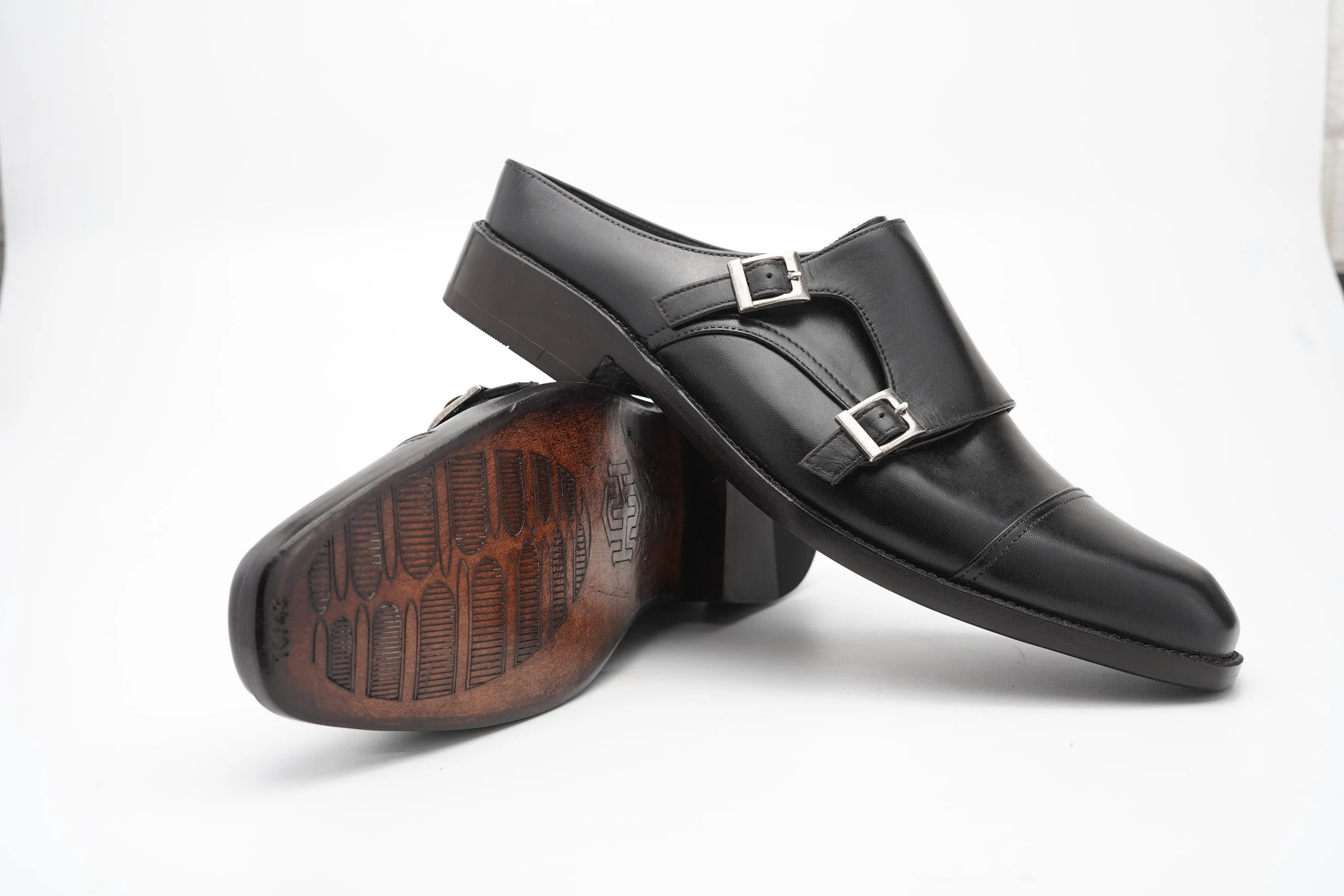 Black backless Double Buckle loafer Slip On Mule Custom Made-To-Order Shoes Premium Quality Handmade using Full Grain Aniline Leather