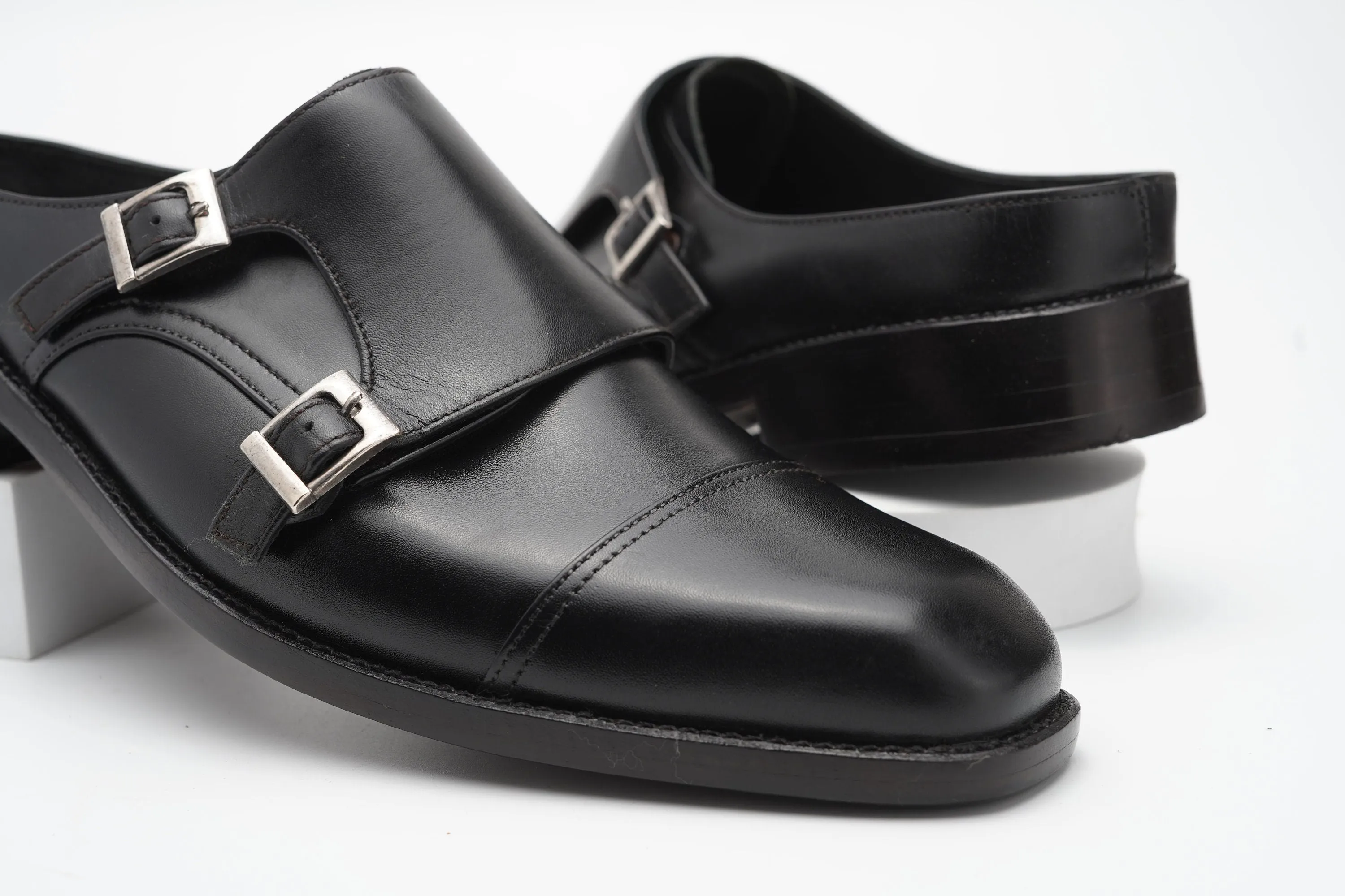 Black backless Double Buckle loafer Slip On Mule Custom Made-To-Order Shoes Premium Quality Handmade using Full Grain Aniline Leather