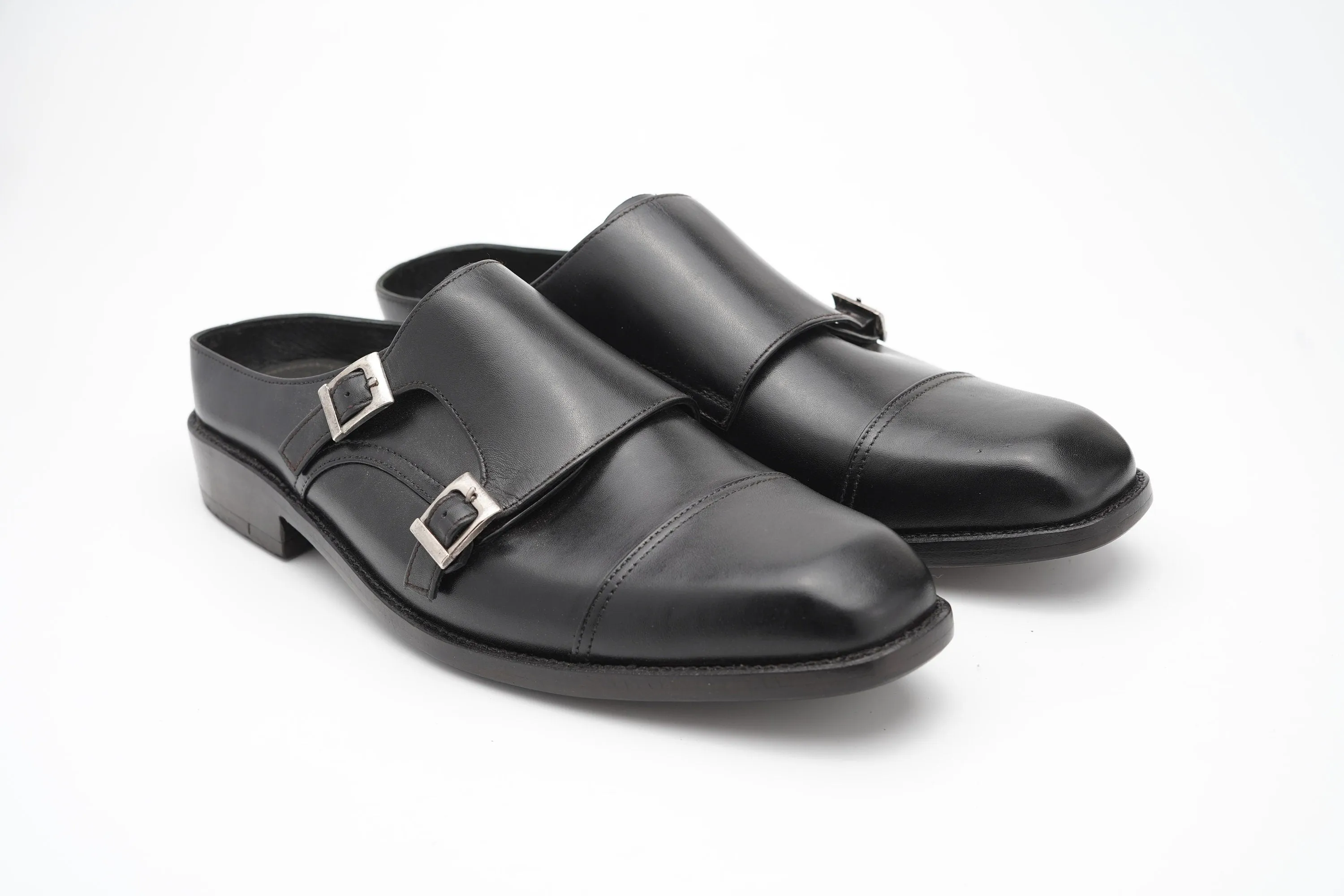 Black backless Double Buckle loafer Slip On Mule Custom Made-To-Order Shoes Premium Quality Handmade using Full Grain Aniline Leather