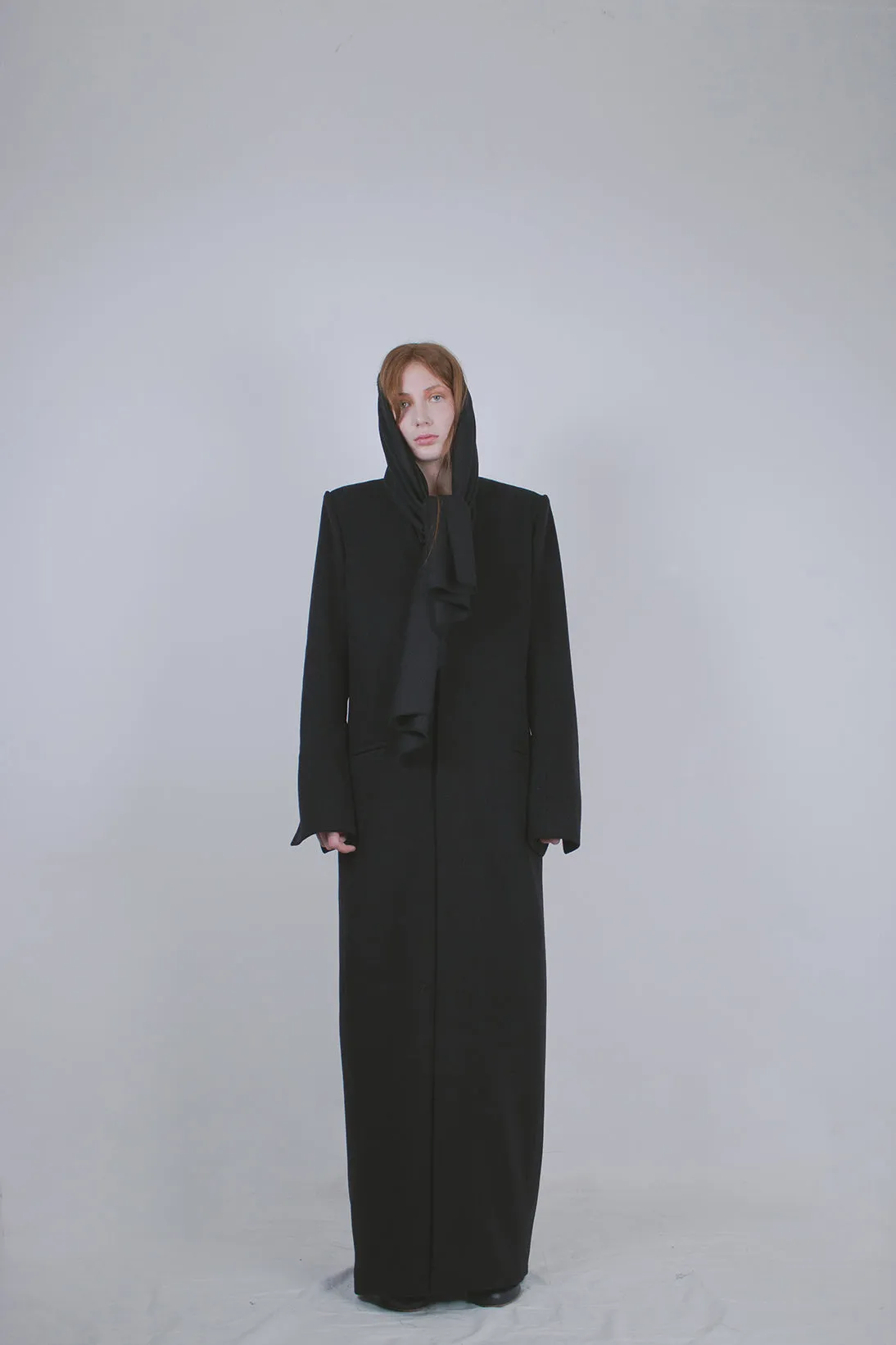 Black Wool Tailored Coat with Scarf