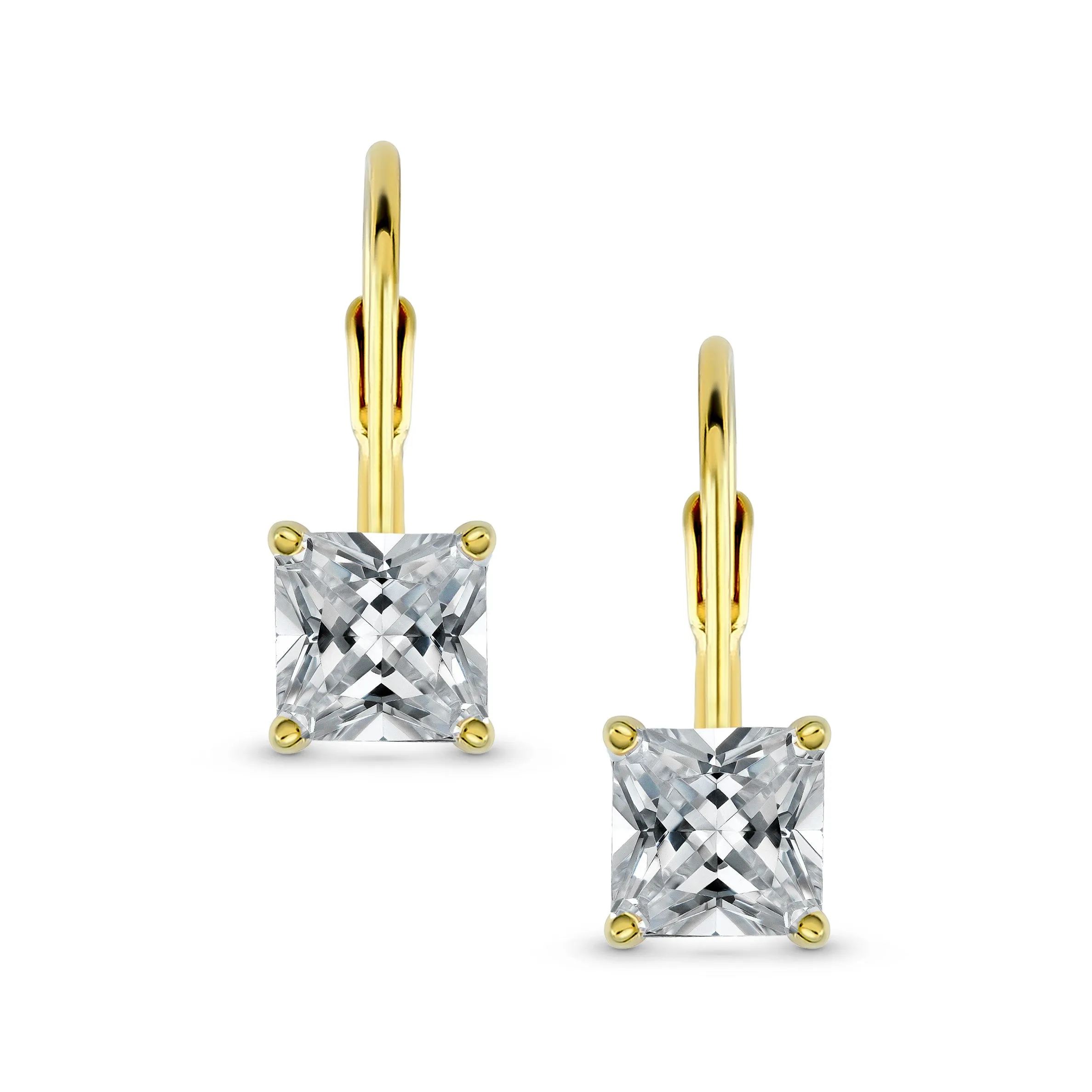 Bridal Princess Cut Solitaire Square AAA CZ Drop Earrings Leverback Gold Silver