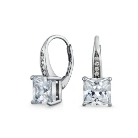 Bridal Princess Cut Solitaire Square AAA CZ Drop Earrings Leverback Gold Silver