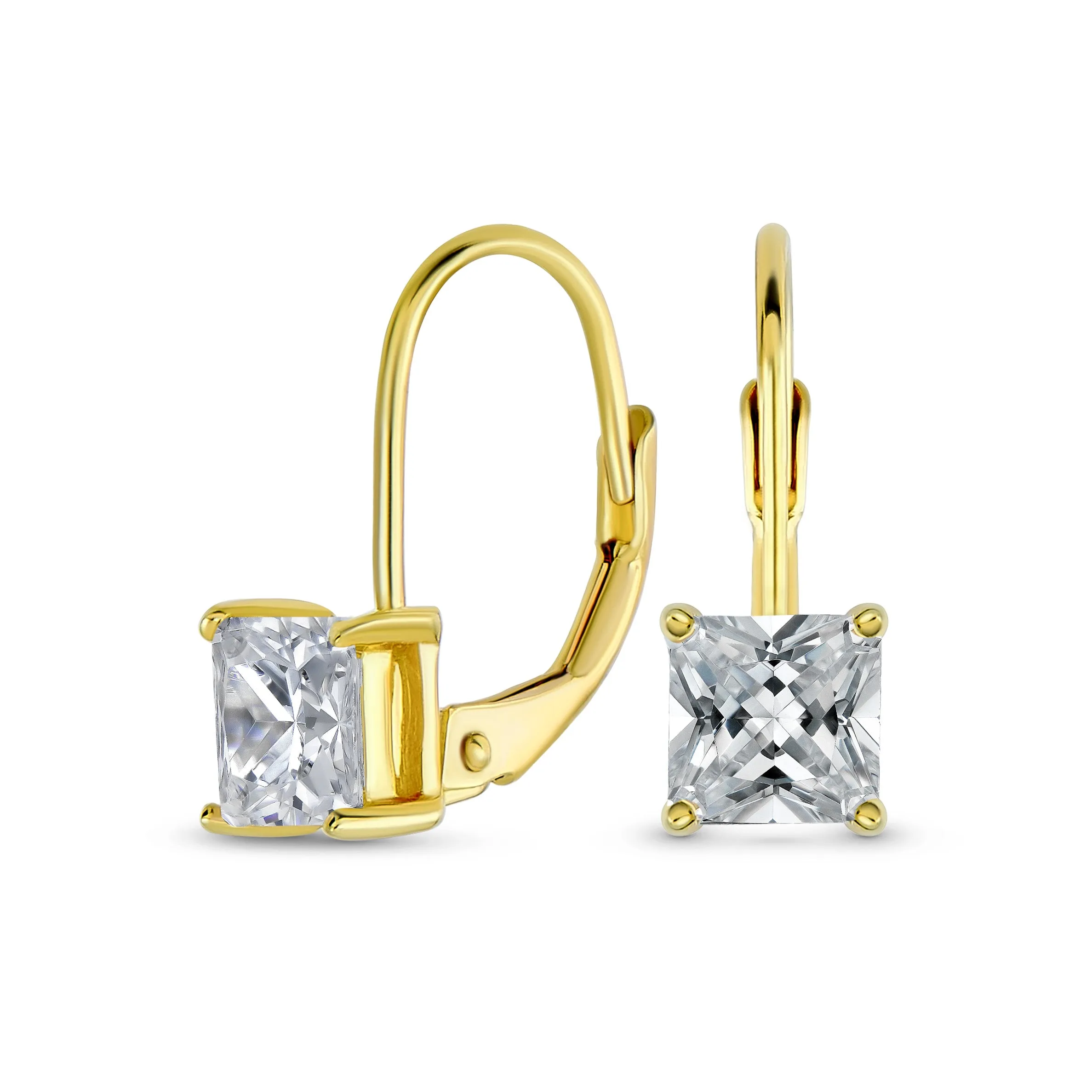 Bridal Princess Cut Solitaire Square AAA CZ Drop Earrings Leverback Gold Silver