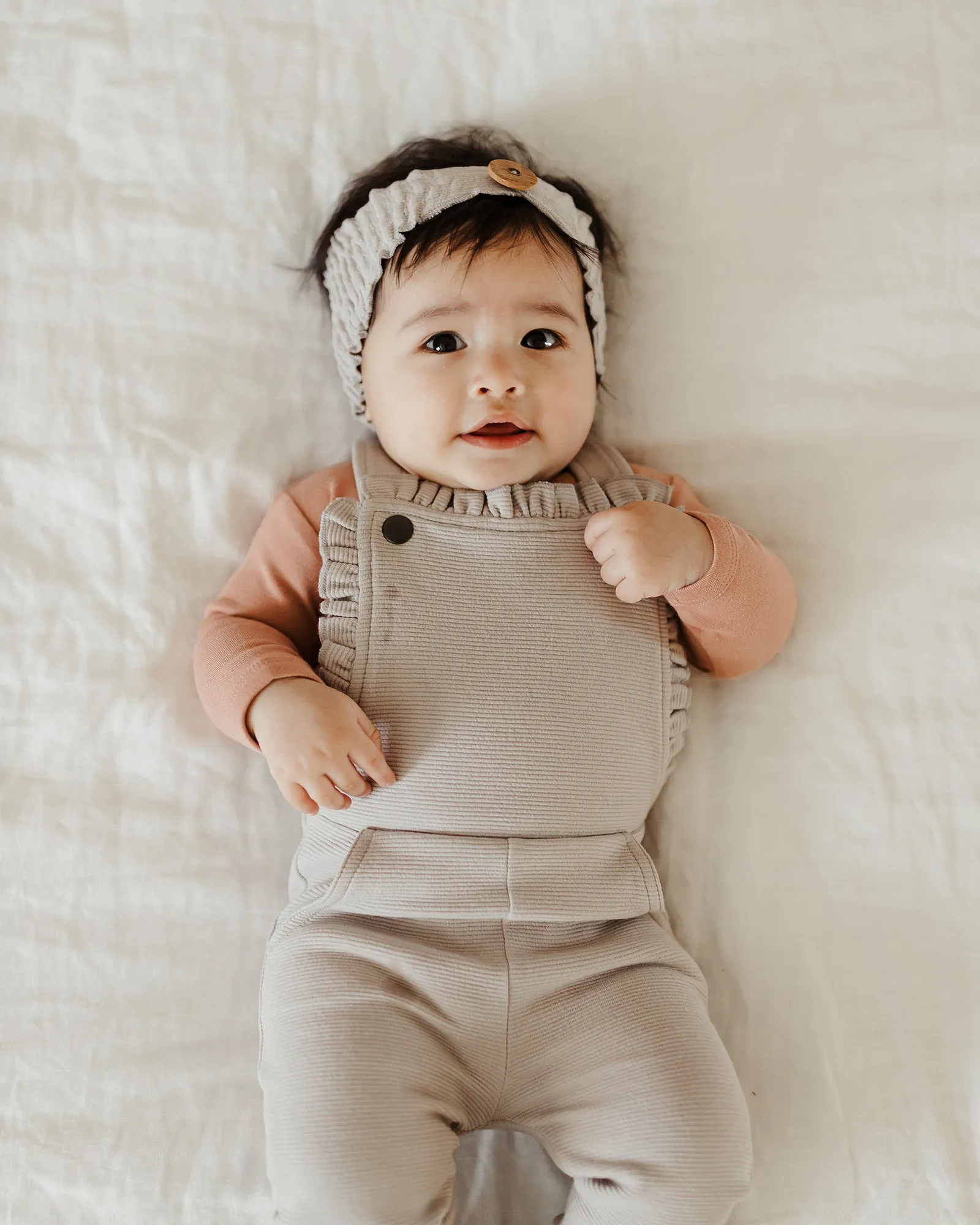 Corduroy Ruffle Romper in Fog