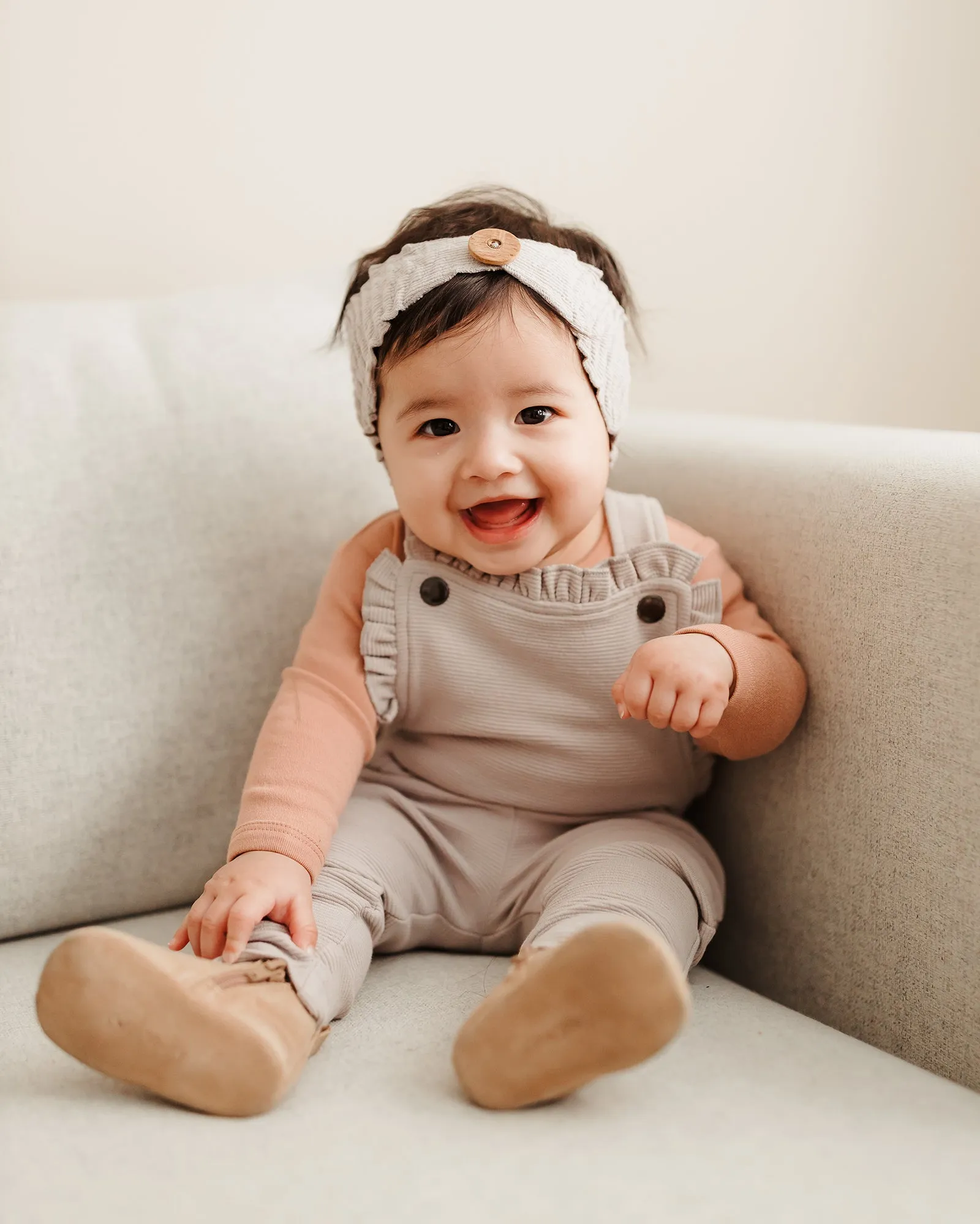 Corduroy Ruffle Romper in Fog