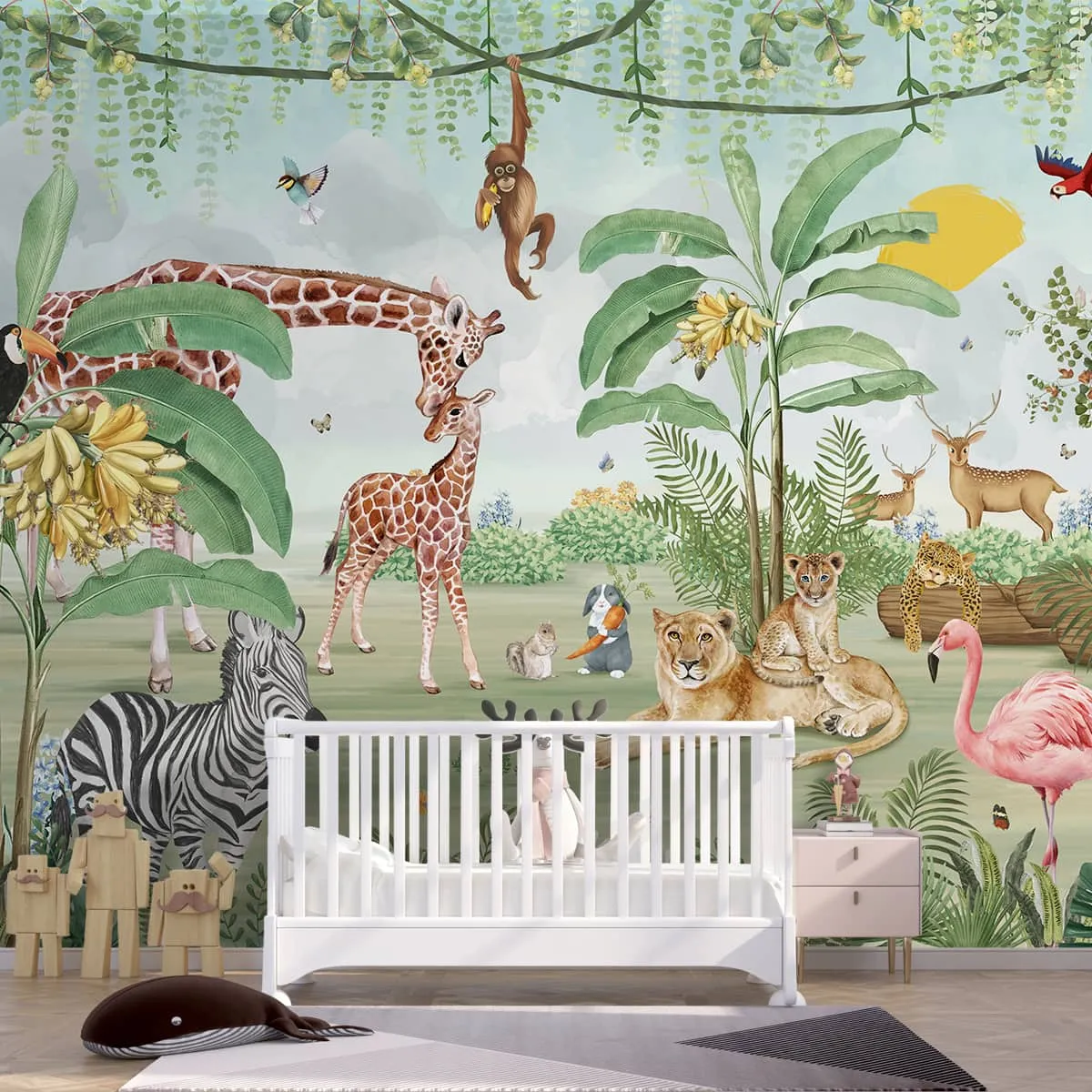 Cute Jungle Animals Mama and Kids Wallpaper for Kids, Customised