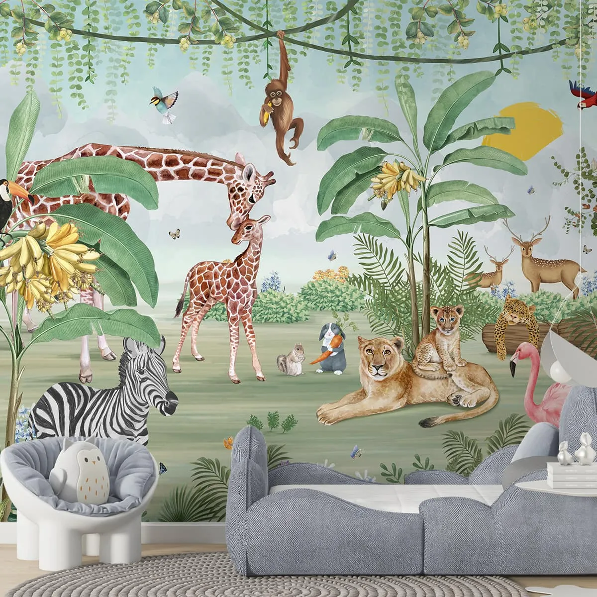 Cute Jungle Animals Mama and Kids Wallpaper for Kids, Customised