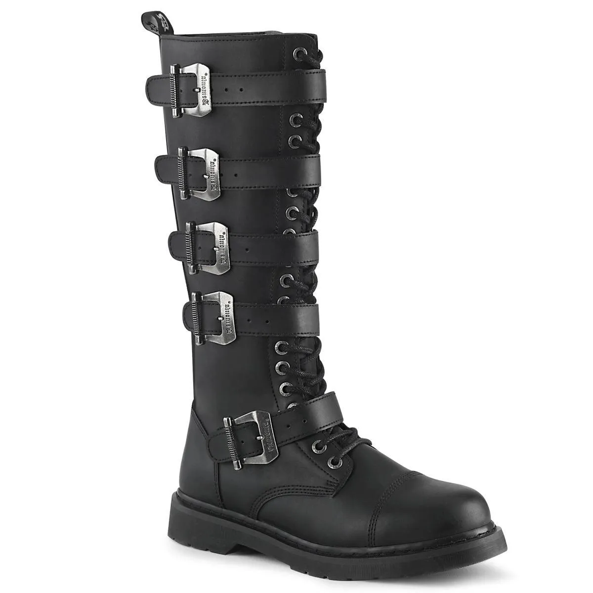 DEMONIA Mens Gothic EMO Black Knee High Rock Boots, Combat Lace-Up with Buckle Straps