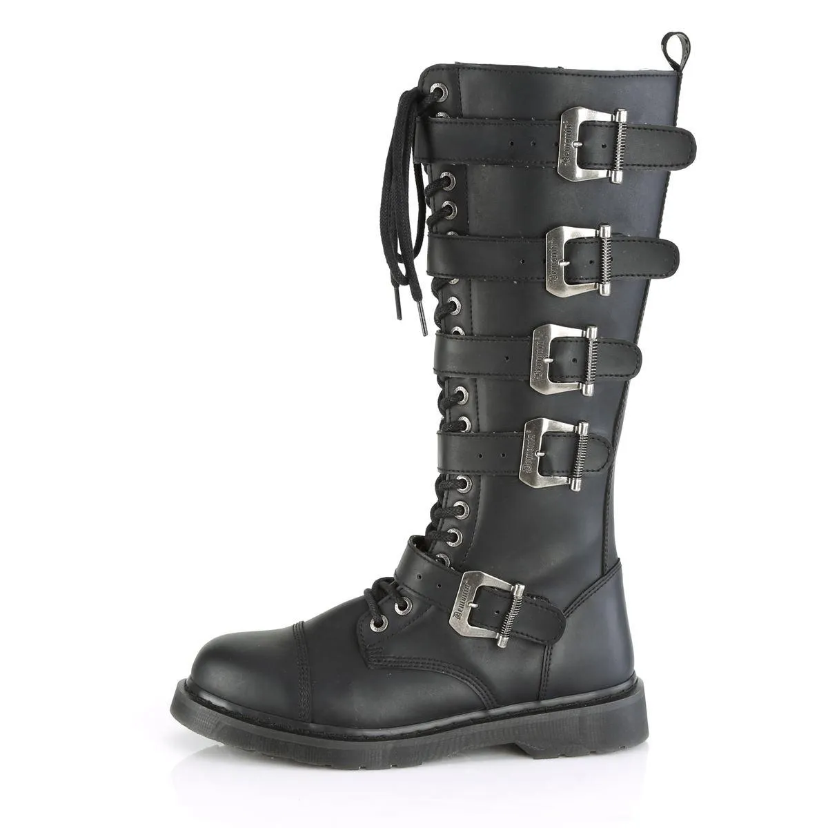 DEMONIA Mens Gothic EMO Black Knee High Rock Boots, Combat Lace-Up with Buckle Straps