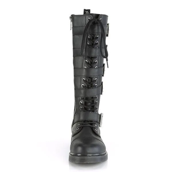 DEMONIA Mens Gothic EMO Black Knee High Rock Boots, Combat Lace-Up with Buckle Straps