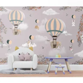 Flying Animals on Hot Air Balloons Wallpaper Design for Kids, Customised