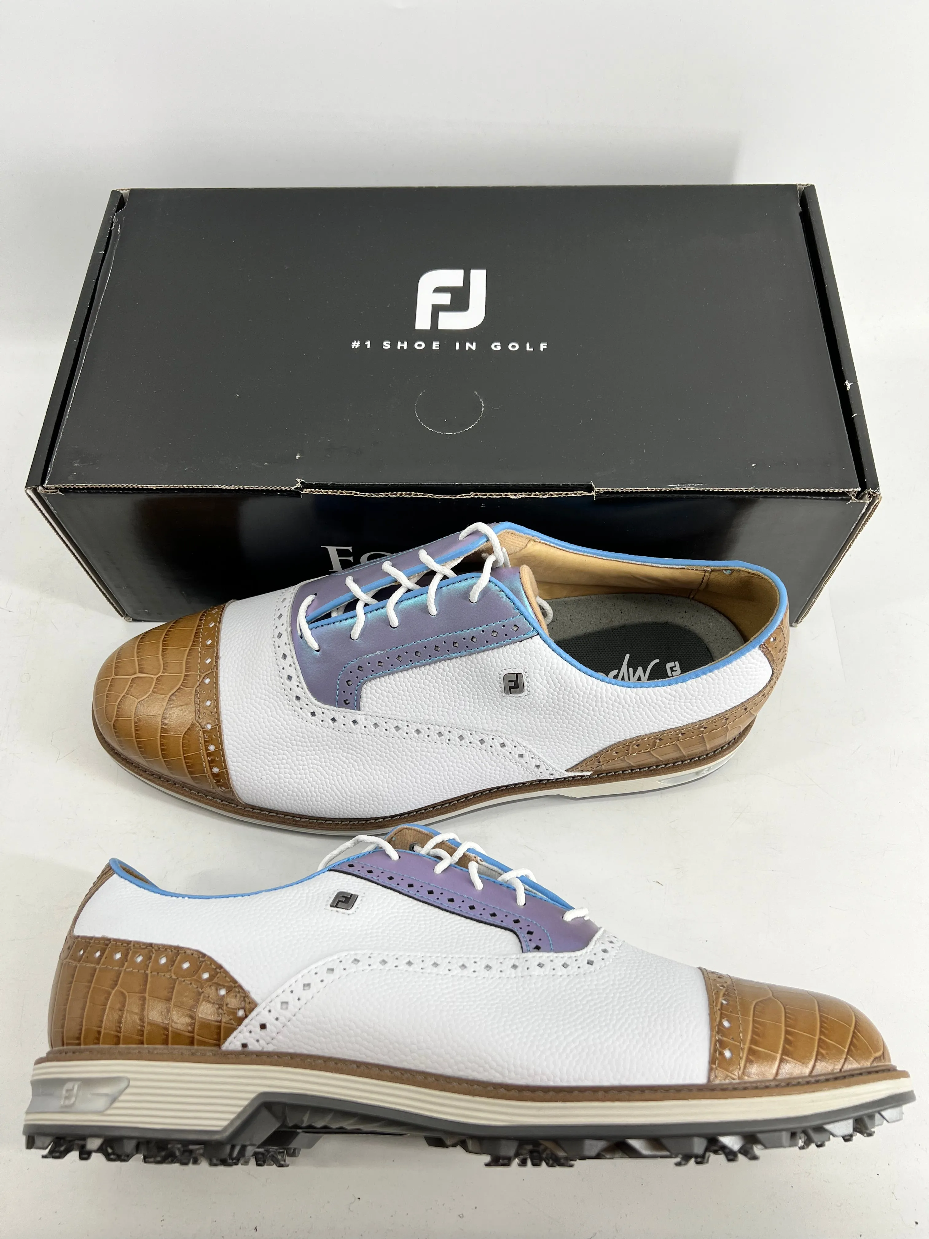 Footjoy Myjoys Premiere Series Packard Golf Shoes White Brown 12 Extra Wide