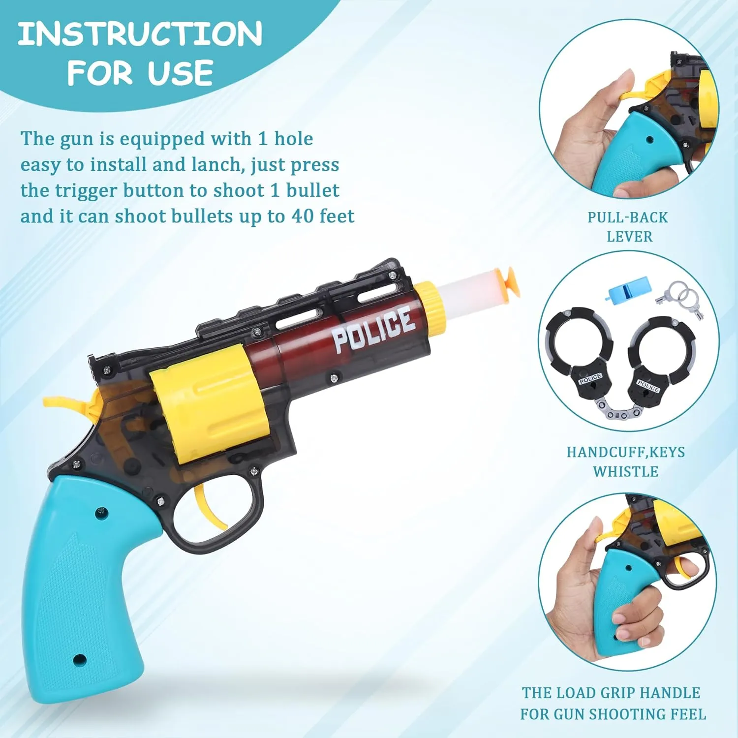 G500 Police Shooting Pistol Toy Gun for Kids with Handcuffs, Whistle & 6 Soft Bullets Combo Game Set/Gun Toy for Kids