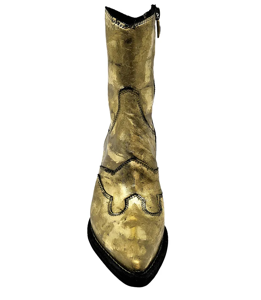 Gold Laminated Pointy Toe Ankle Boot