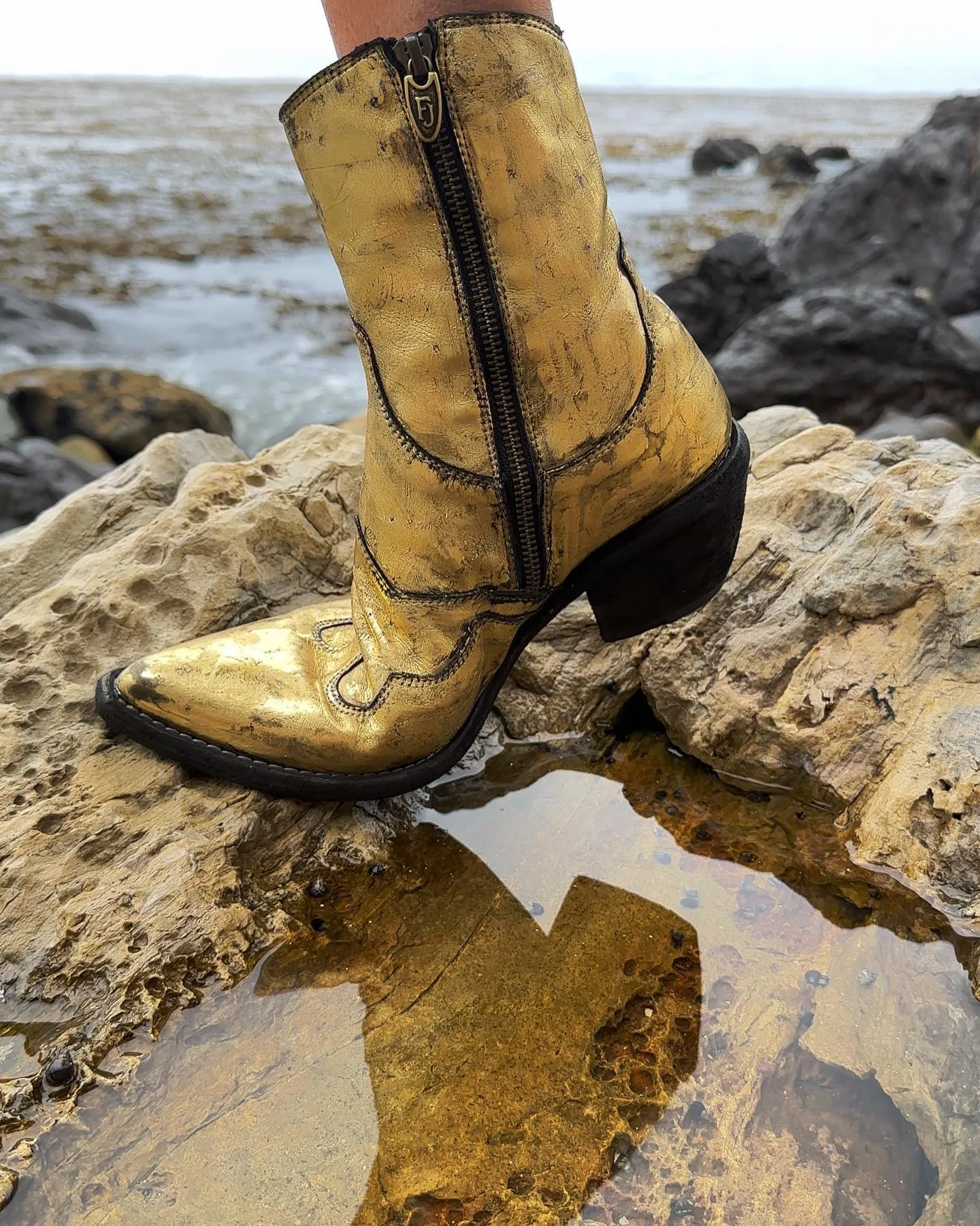 Gold Laminated Pointy Toe Ankle Boot