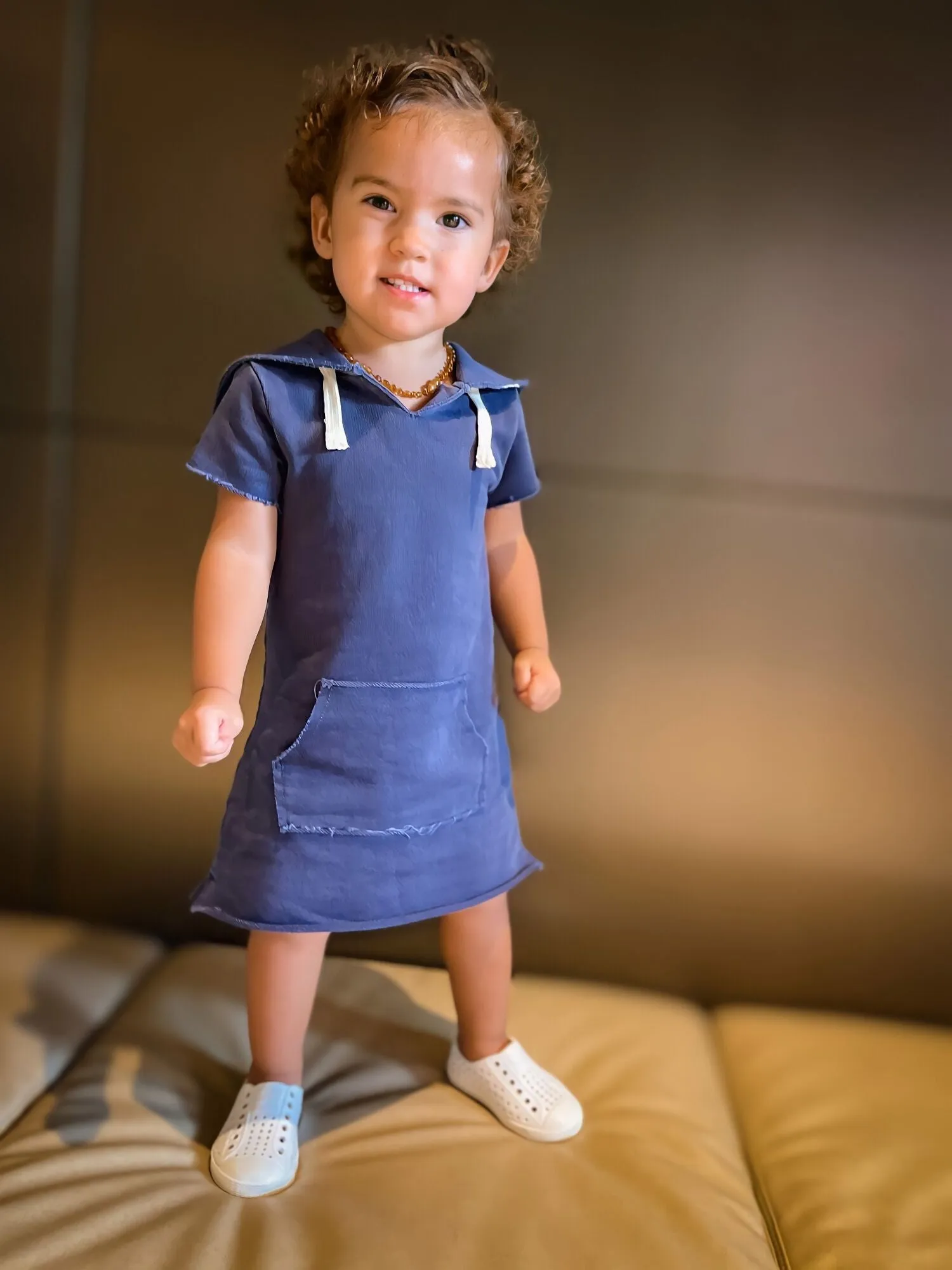 Kids' French Terry Hoodie Dress in Indigo