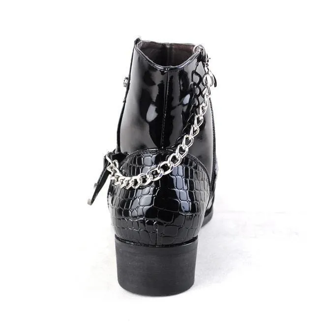 Men's Buckle Strap Chain Faux Leather Side Zipper Shoes Pointed Toe Boots