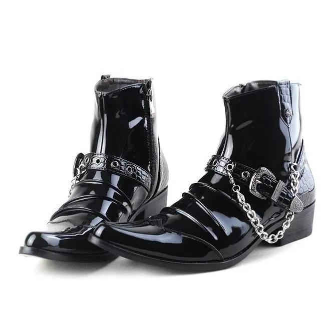 Men's Buckle Strap Chain Faux Leather Side Zipper Shoes Pointed Toe Boots