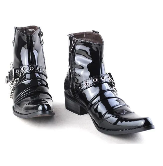 Men's Buckle Strap Chain Faux Leather Side Zipper Shoes Pointed Toe Boots