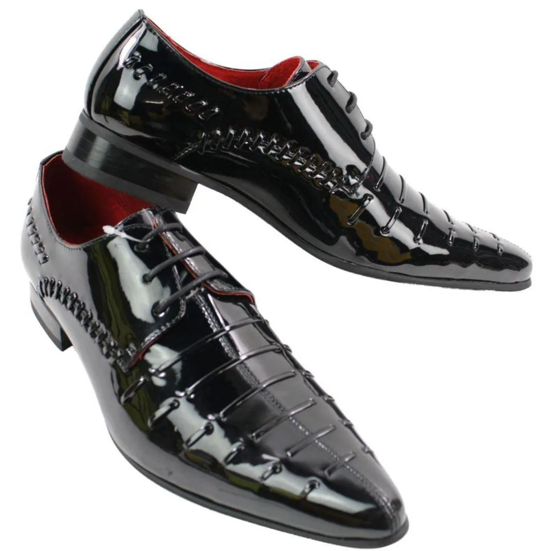 Mens Italian Design Black Red Laced Leather Shiny Patent Shoes Smart Casual