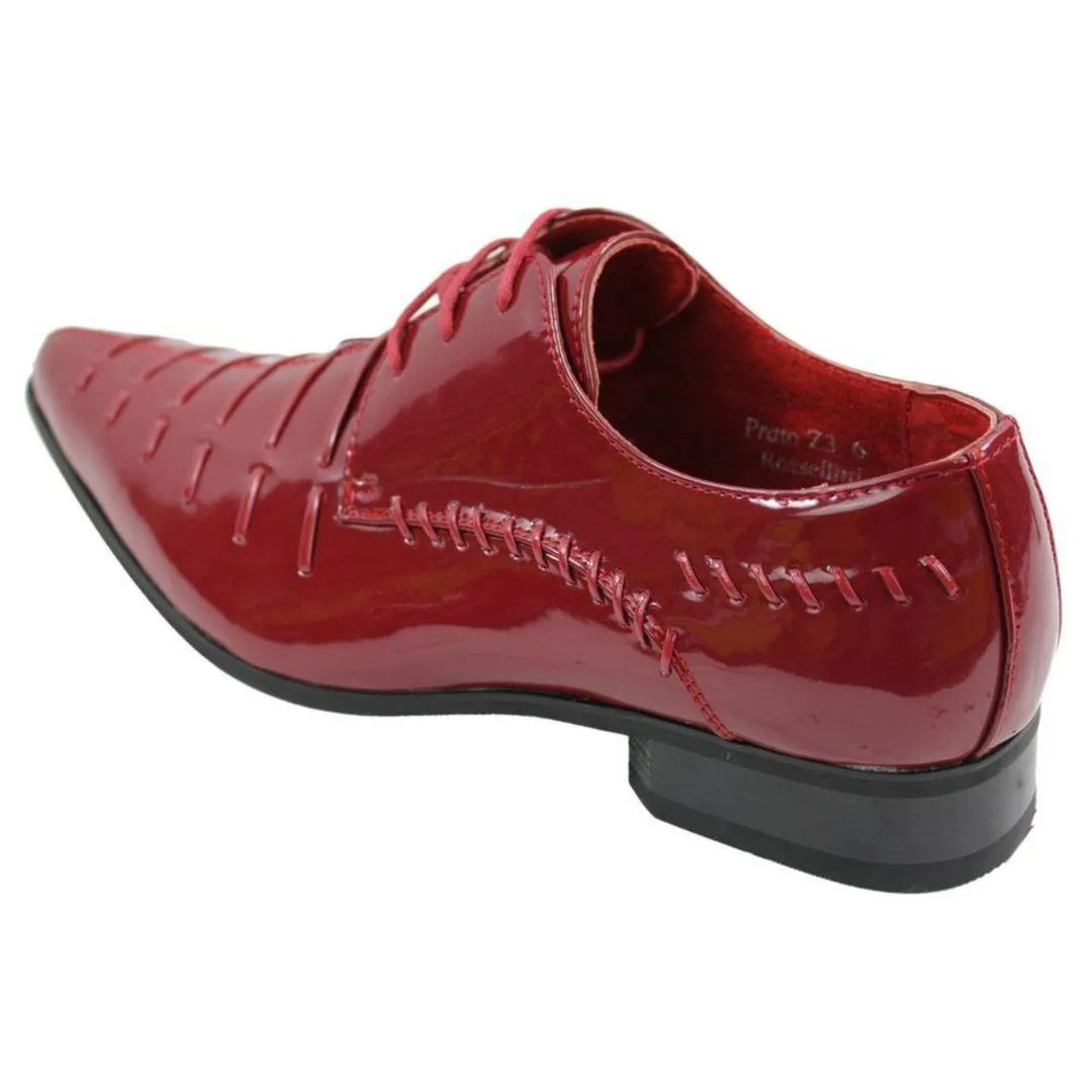 Mens Italian Design Black Red Laced Leather Shiny Patent Shoes Smart Casual