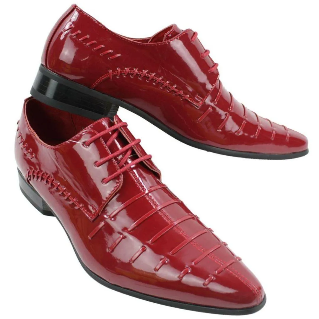 Mens Italian Design Black Red Laced Leather Shiny Patent Shoes Smart Casual