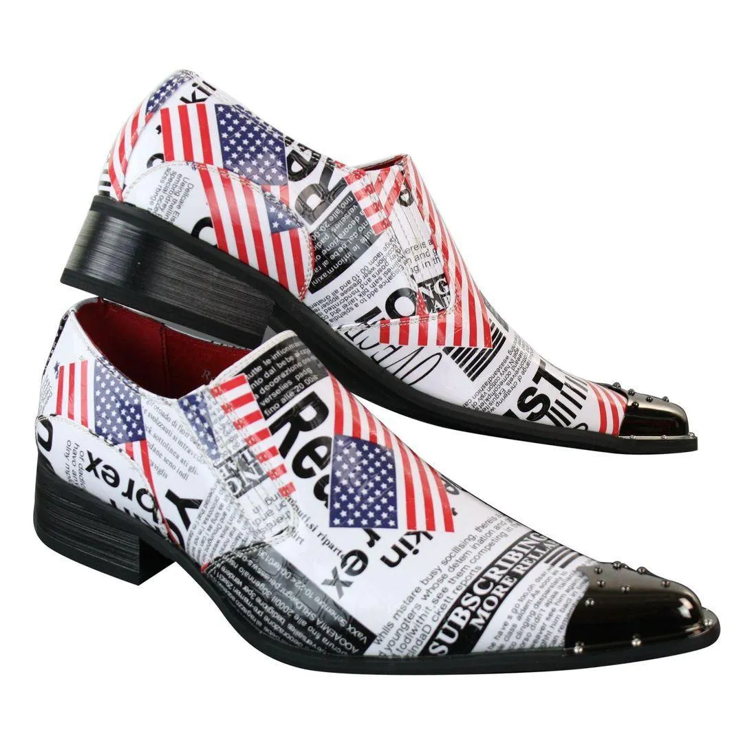 Mens Metal Toe Cowboy Western Pointed US Flag White Fancy Riding Shoes Slip On