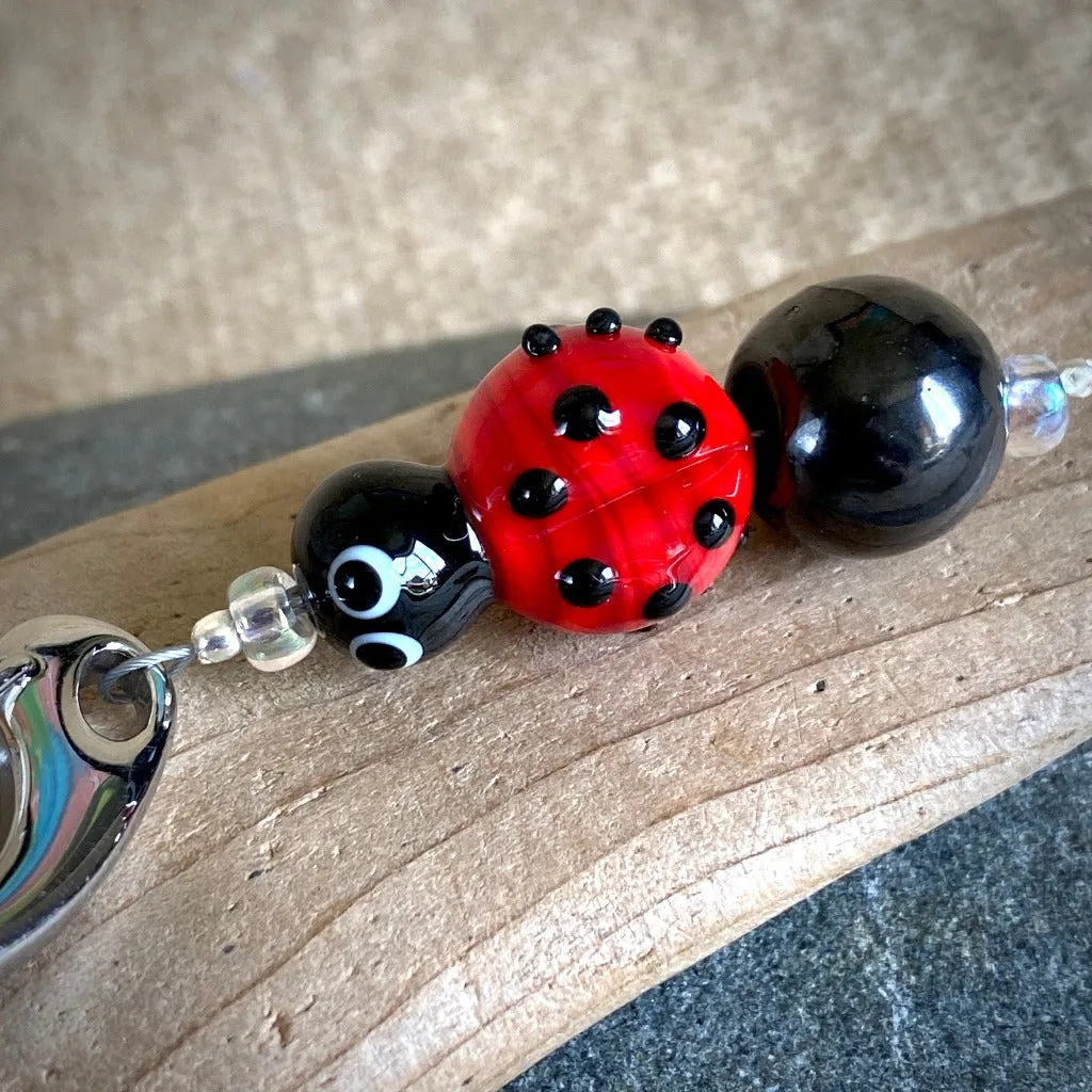 Shungite Ladybug Clip-on Necklace, Artisan Lampwork Glass Bead